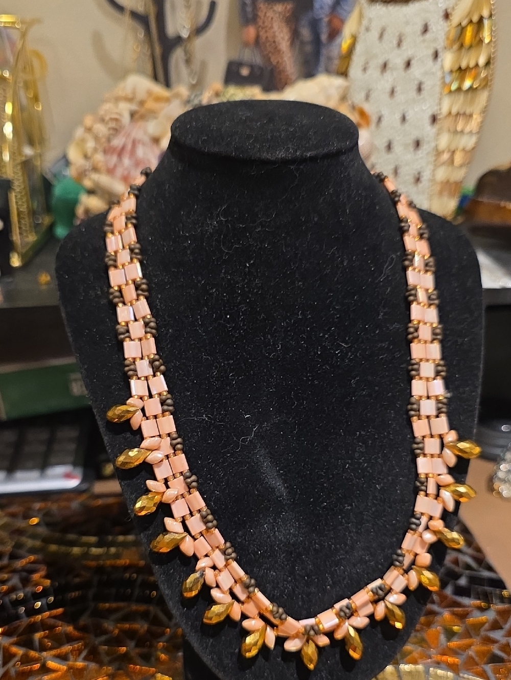 Vintage Pink Beaded Necklace with Gold Teardrops